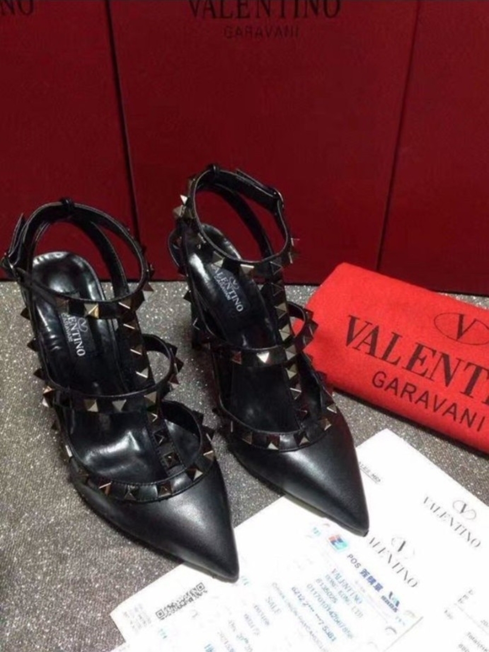 Valentino Garavani Black Rockstud Strappy Pointed-Toe Heels